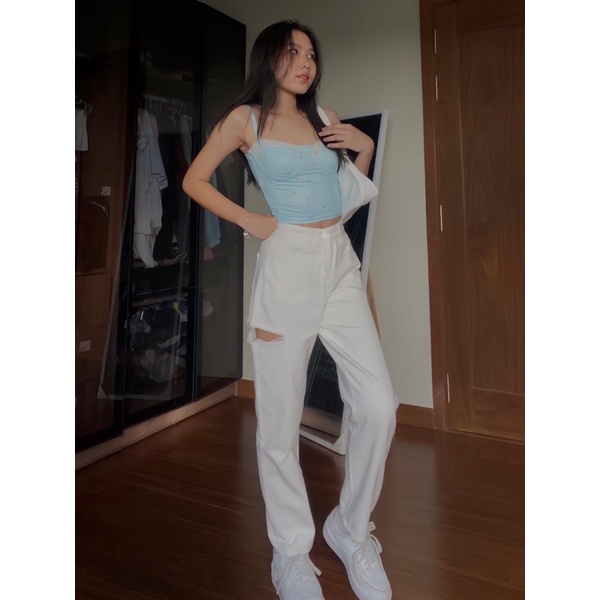 Quần Jeans ống suông trắng rách đùi nữ | BigBuy360 - bigbuy360.vn