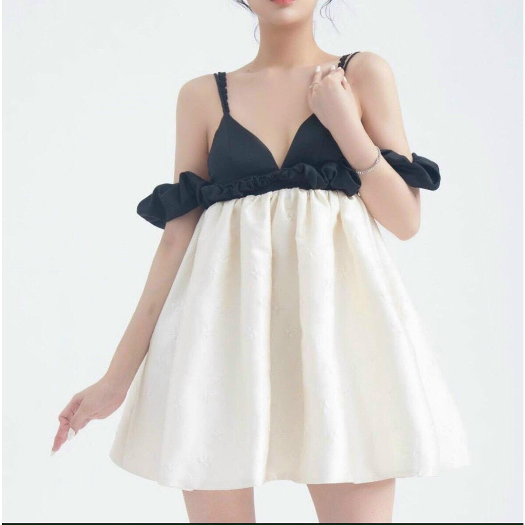 Đầm xòe thun nhún eo tay bèo dây vai gắn ren sexy fashionzero - 72182