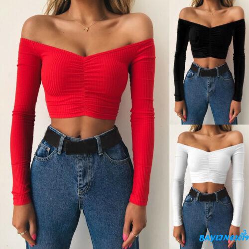 Áo thun crop top lệch vai tay dài giản dị ôm dáng cho nữ | BigBuy360 - bigbuy360.vn