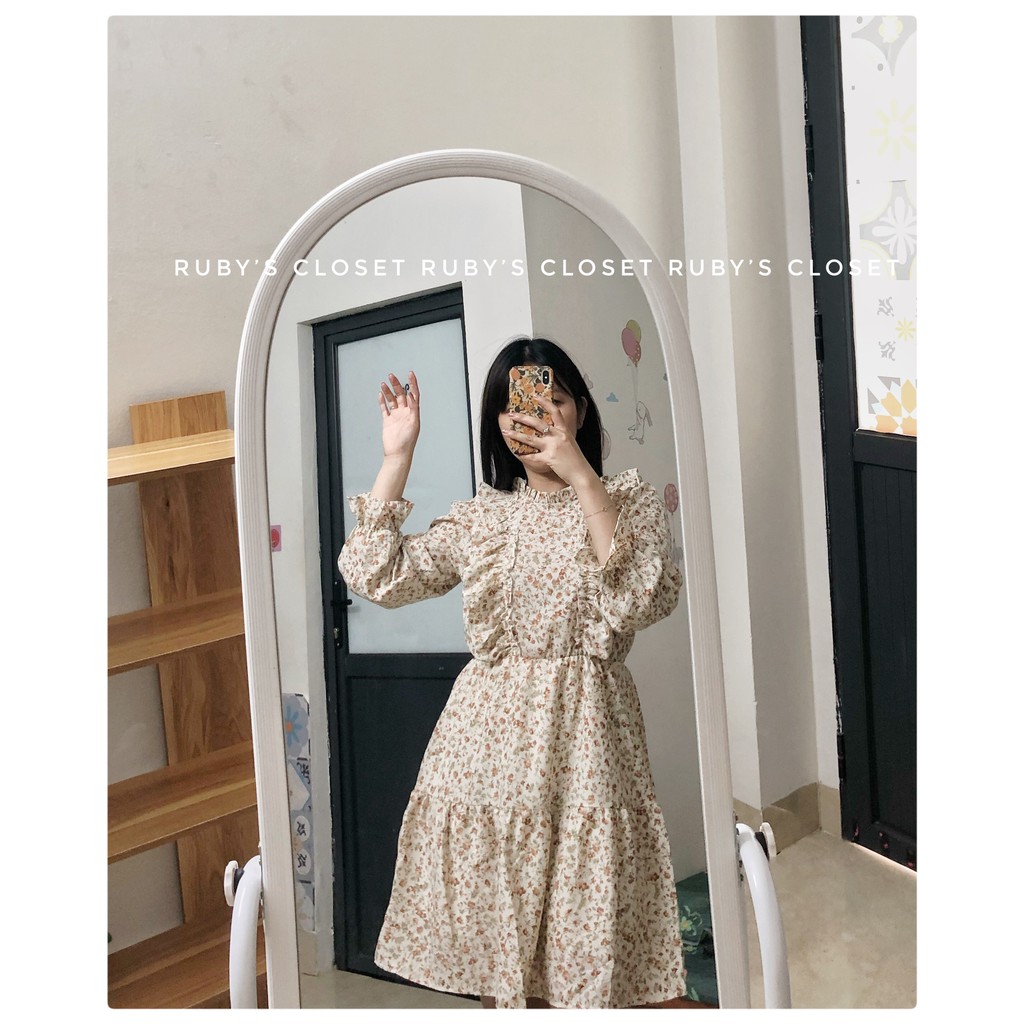 Váy tiểu thư - Váy hoa nhí vintage dáng dài bèo cổ