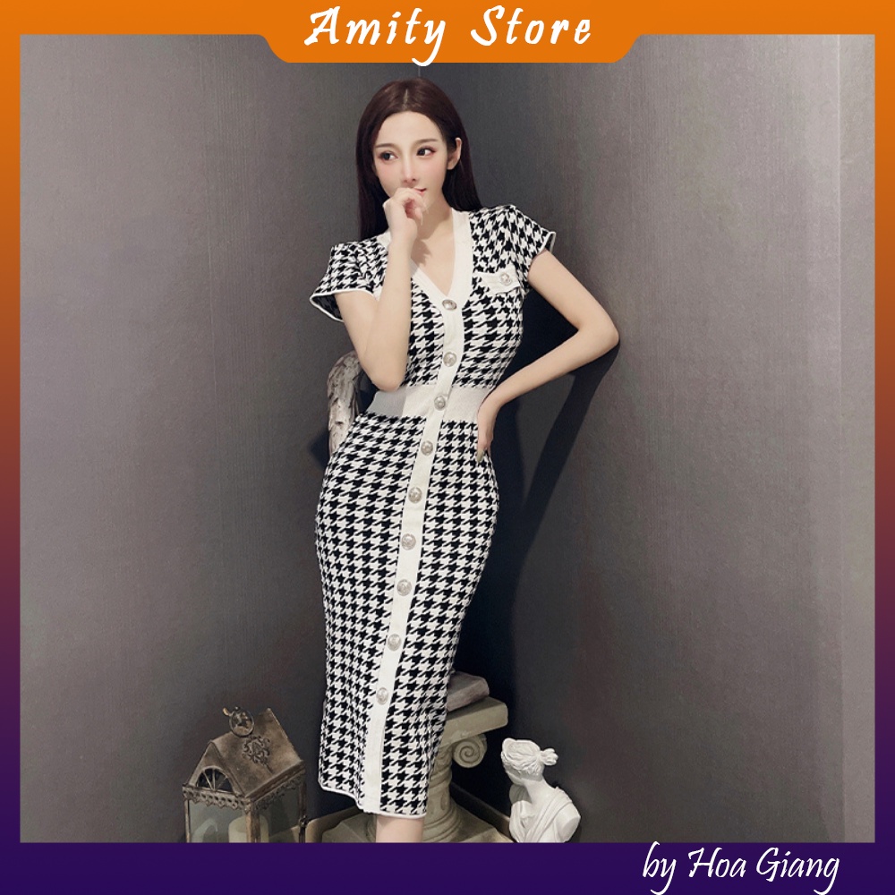 Đầm len dệt kim cổ V tay ngắn, đầm body len gợi cảm hàng quảng châu