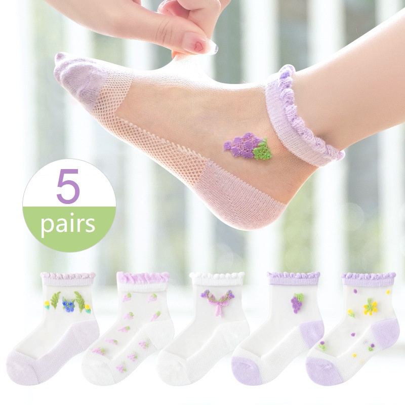 Set 5 Đôi Vớ Cotton Siêu Mỏng Họa Tiết Trái Cây Hoạt Hình Dành Cho Bé Gái 1-12 Tuổi