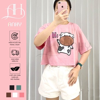 Áo thun croptop ANHY FASHION tay lỡ freesize in hình chú bò sữa Say Hi CROP4