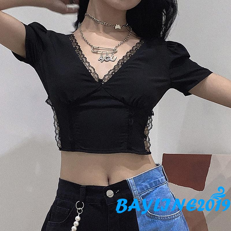 Áo Thun Lửng Cổ V Ngắn Tay Thời Trang Cho Nữ