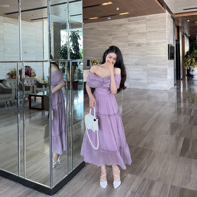Đầm nơ trễ vai màu Tím chất tơ cao cấp - Giangjoile.Store