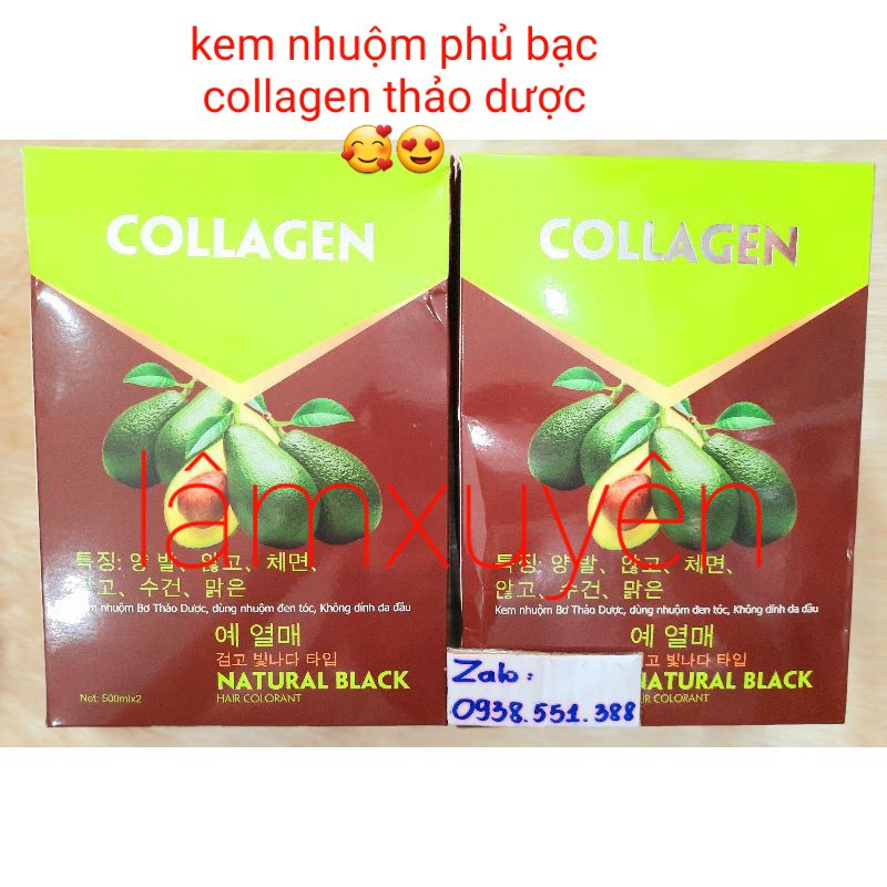 Kem nhuộm tóc phủ bạc 100% bơ thảo dược COLLAGEN 500ml x2 không dính,bám đen vào da đầu (màu đen) lên màu chẩnFREESHIP