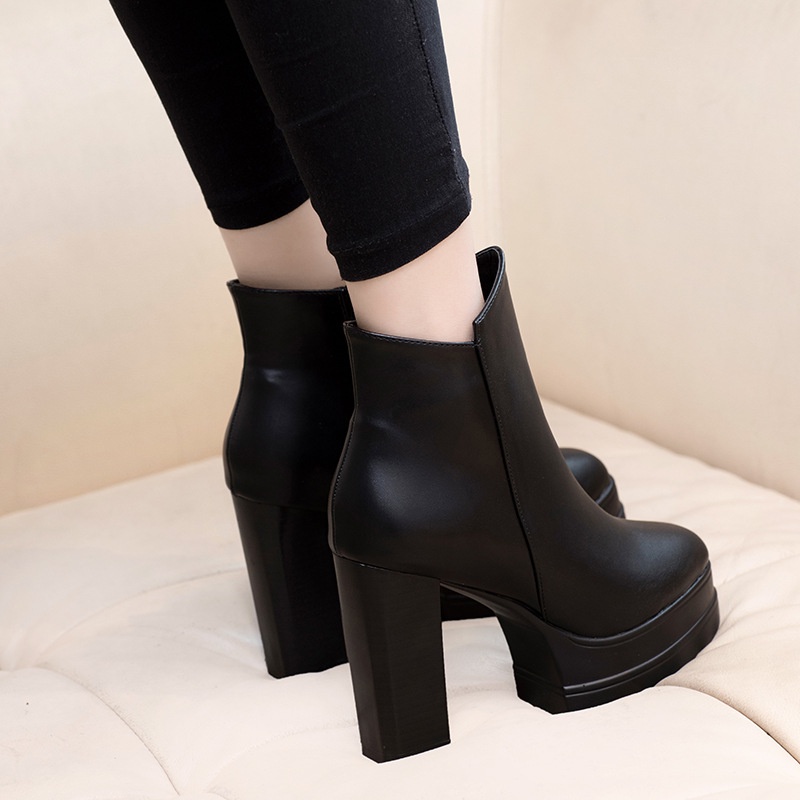 Giày Boot Cao Gót Màu Đen Chống Thấm Nước Thiết Kế Đơn Giản Thời Trang Dành Cho Nữ