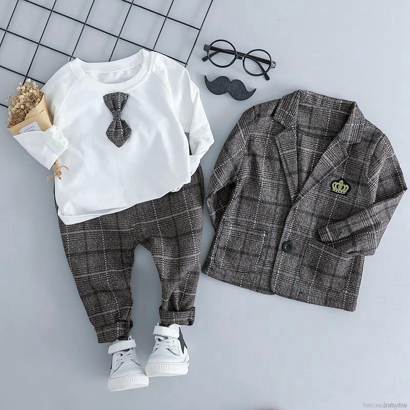 Bộ áo thun + áo khoác cotton sọc caro + quần dài cho bé trai