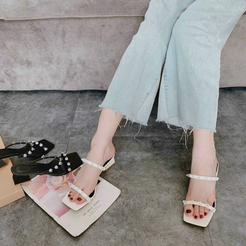 Guốc 2 quai đinh hạt đá mica gót vuông 3p (hàng đẹp)