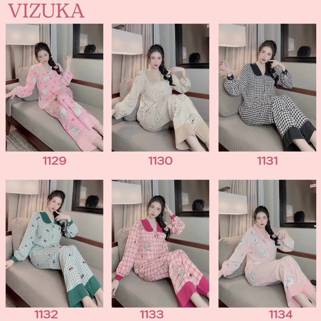 Đồ bộ nữ pijama lụa dài tay cổ sen mặc nhà họa tiết sang chảnh VIZUKA