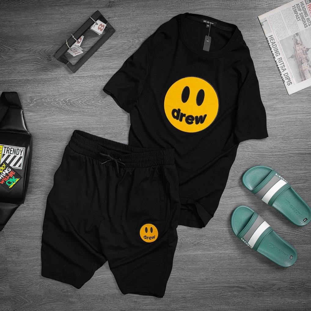 Bộ Quần Áo Cộc Tay In Hình mặt Cười Drew Màu Đen Basic Dễ Mặc ,Chất Thun Cotton Dày Dặn Thoáng Khí Form Unisex