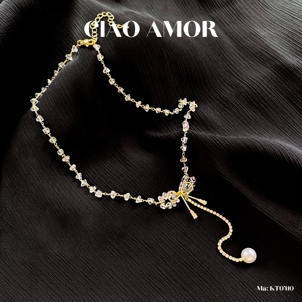 Dây chuyền nữ, Vòng cổ lấp lánh tiểu thư lấp lánh dự tiệc ngọc đính nơ dài Trang sức Ciao Amor - KT0410