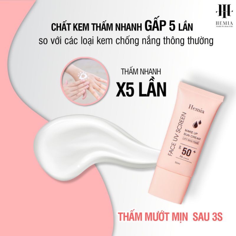 Kem chống nắng HEMIA dưỡng trắng nâng tông SPF50+, chiết xuất 100% tự nhiên hàng chính hãng