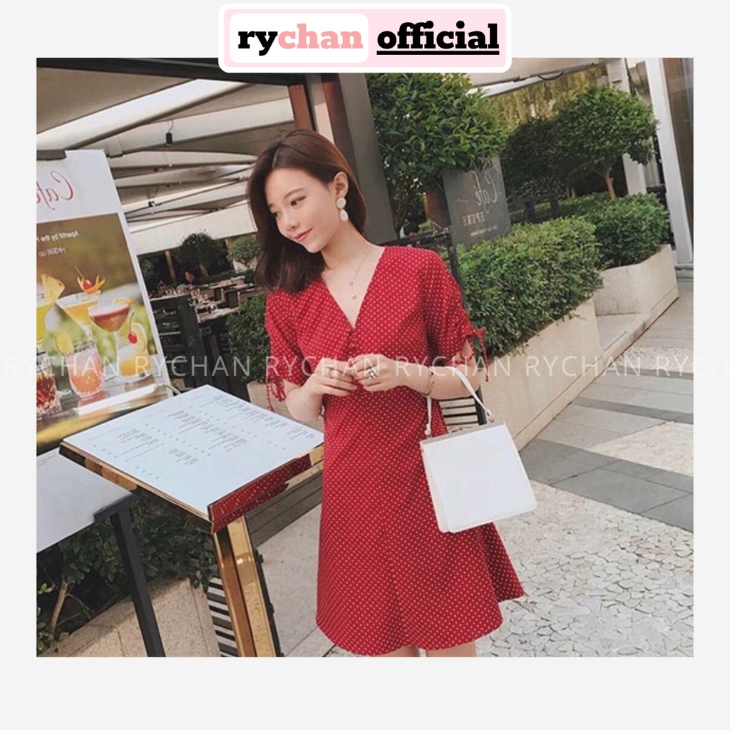 Đầm Xòe Bi Lụa Cổ V Nút Bọc Tay Rút Form Ngắn Màu Đỏ [ẢNH THẬT CUỐI] - DX965