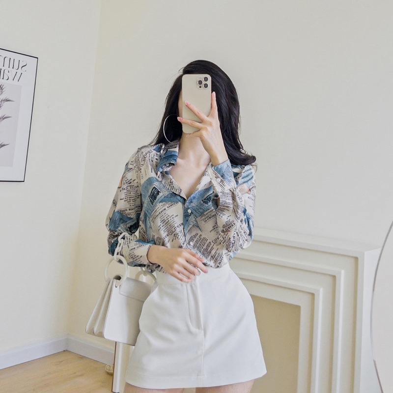 ÁO SƠ MI XANH HOẠ TIẾT TỜ BÁO vintage sang chảnh công sở đi làm đi chơi cổ bẻ dài tay