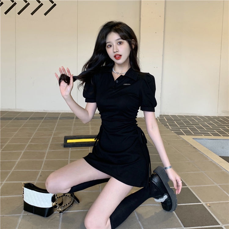 Đầm Chữ A Mini Cổ Polo Eo Cao Dáng Ôm Thời Trang Hàn Quốc Cho Nữ