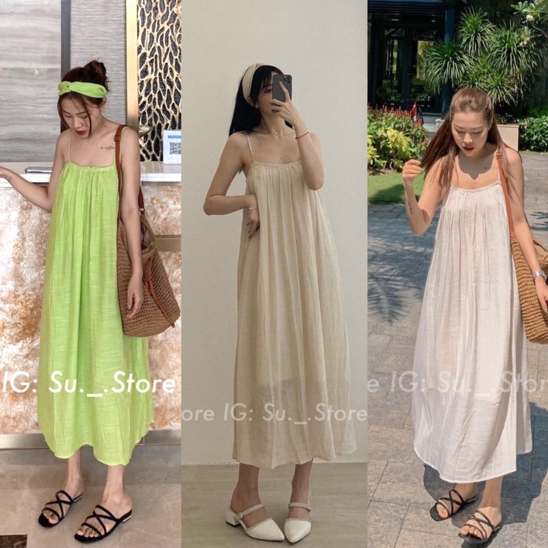 [Ảnh thật/Video]Váy maxi kèm turban chất đũi hai dây Đầm đũi mềm mịn hai lớp tiểu thư | BigBuy360 - bigbuy360.vn