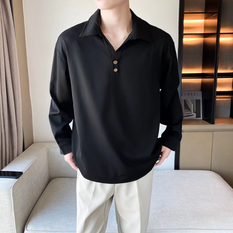 Áo Thun Polo Màu Trắng Đen Tay Dài Phối Nút Phong Cách Hong Kong Trẻ Trung Cho Nam Cỡ M-2XL