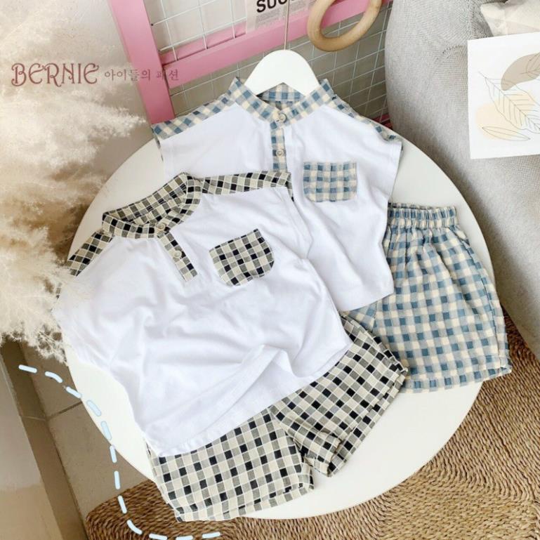 Set bộ bé trai sát nách chất liệu cotton thô dệt, bộ bé trai cổ tàu thiết kế sành điệu