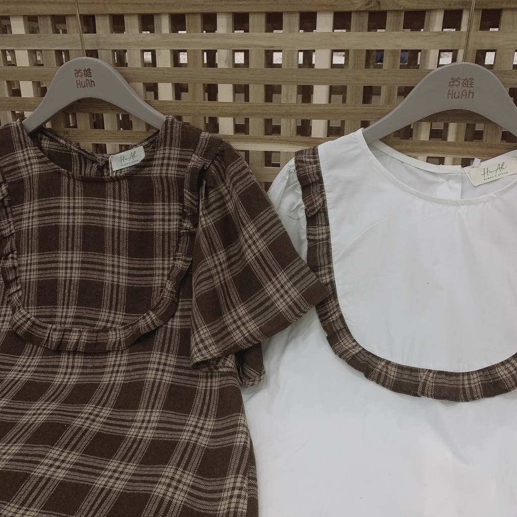 Áo sơ mi ngắn tay màu trắng, áo kiểu cộc tay cách điệu cổ viền nâu xinh xắn, tiểu thư MÃ OC06