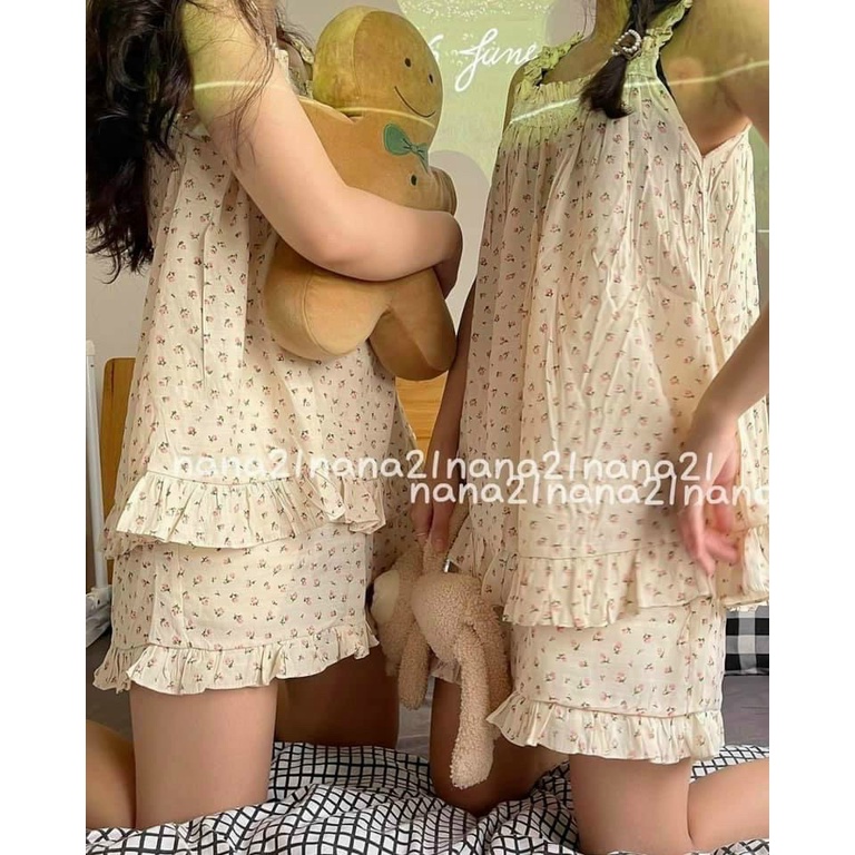 Set Cộc Đùi Nơ Hoa Nhí Mặc Nhà Nữ - Bộ quần đùi ống rộng kèm áo babydoll 2s bản to viền bèo, họa tiết trẻ trung, vintage