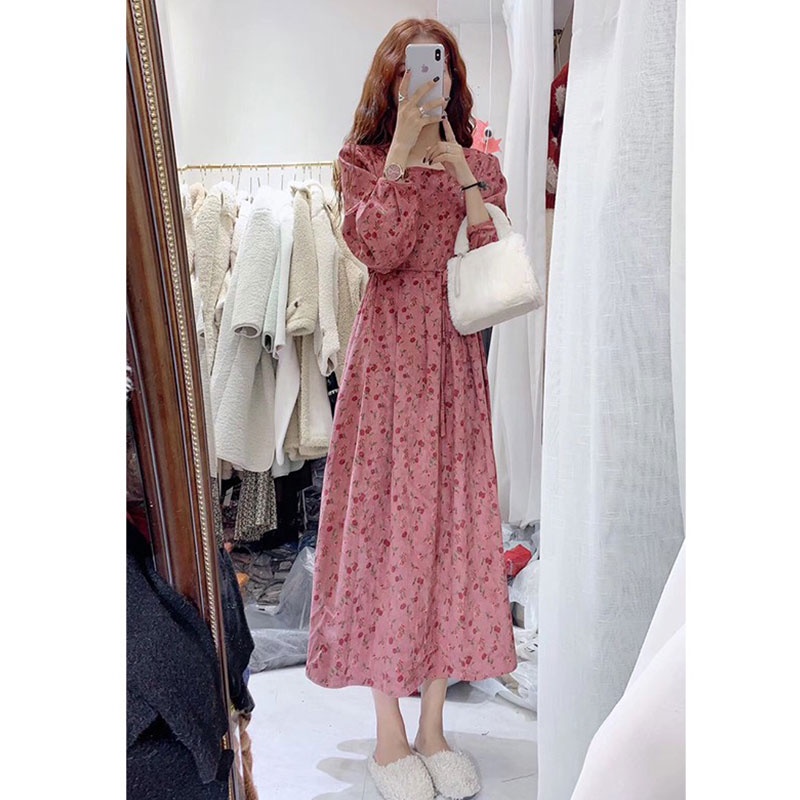 Váy nhung tăm dáng dài hoa nhí thu đông 2021 tiểu thư Hàn Quốc có bigsize