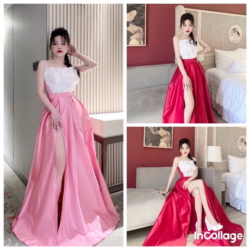 Đầm dạ hội xoè xẻ tà xếp ly cao cấp tặng hoa tai thời trang
