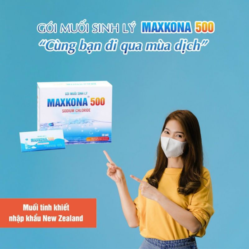 Gói muối sinh lý Maxkona ngăn chặn vi khuẩn vùng mũi, họng, làm sạch da bị viêm, mụn trứng cá. Hộp 30 gói.