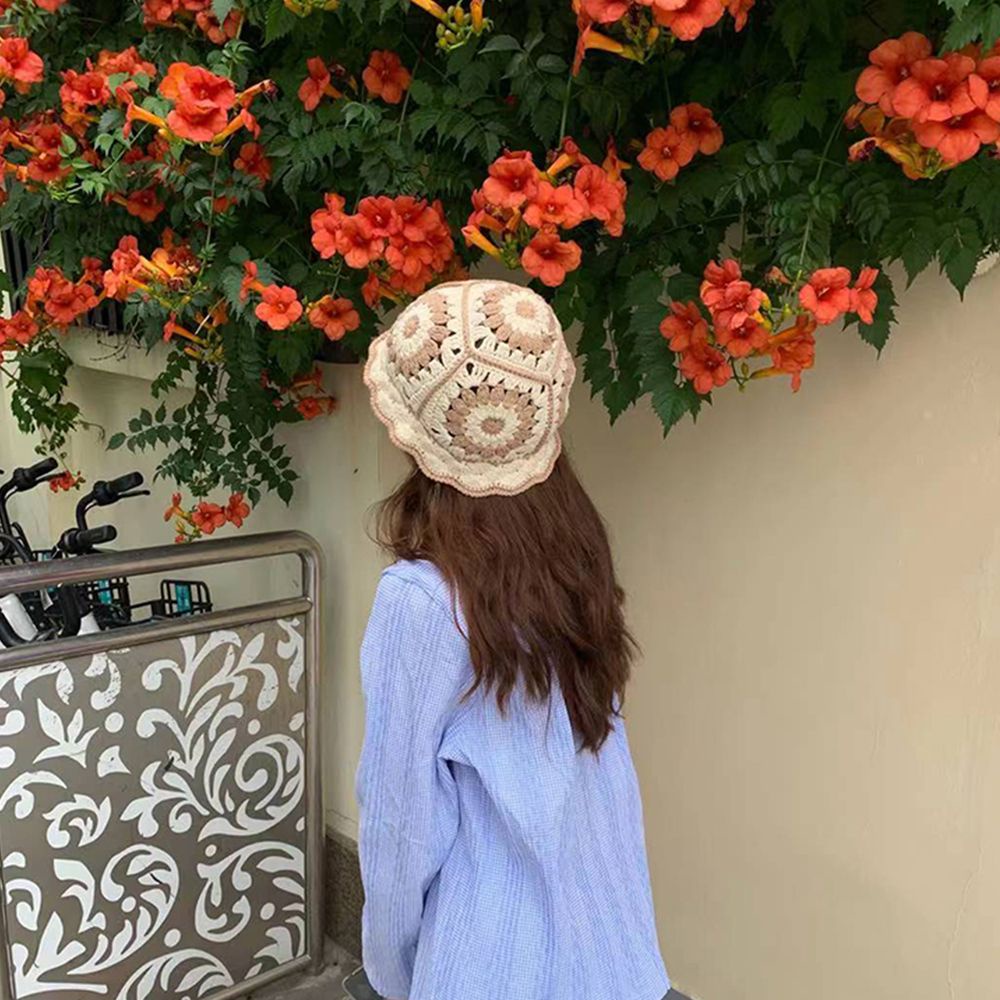 Mũ tai bèo dệt kim lông cừu chống nắng họa tiết hoa khoét rỗng nhiều màu tùy chọn phong cách retro Hàn Quốc cho nữ