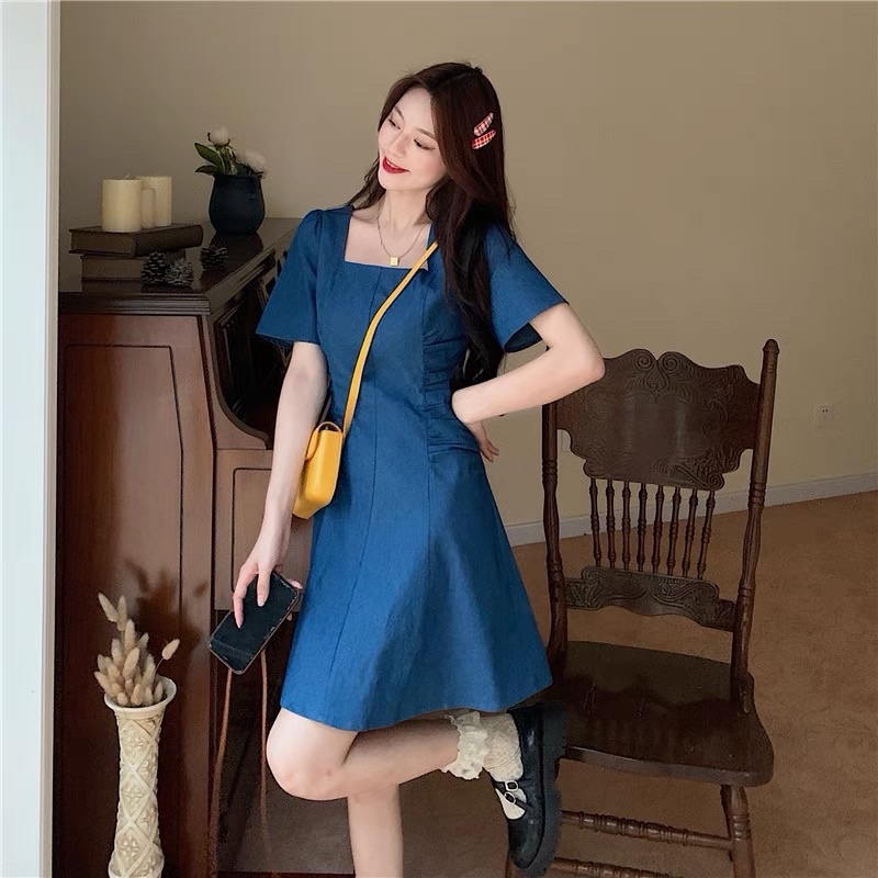 D113 - Đầm Bigsize Xanh Jeans Cổ Vuông