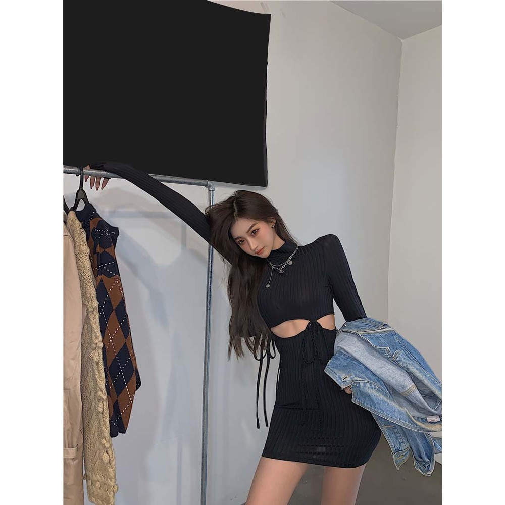 (HÀNG CÓ SẴN) Đầm body hở eo dây rút cổ cao | BigBuy360 - bigbuy360.vn