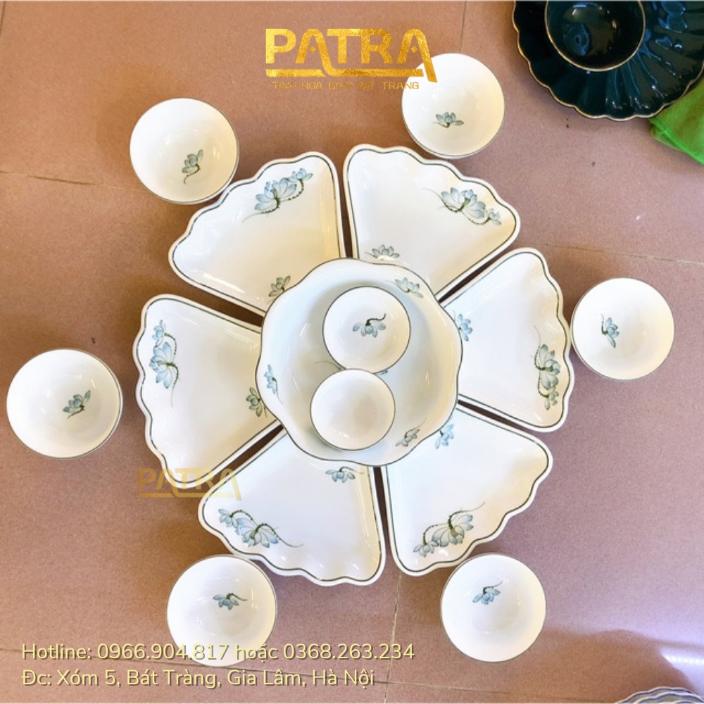 Bộ bát đĩa hoa mặt trời, bát đĩa sứ men kem Bát Tràng họa tiết sen xanh thờ cúng gia tiên