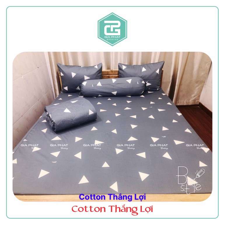 Bộ ga gối Thắng lợi cotton 100% hàng chuẩn có in logo mẫu tam giác xám