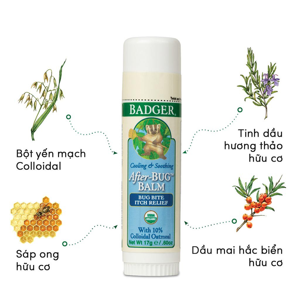 Sáp Kem hữu cơ bôi muỗi đốt, côn trùng cắn BADGER After Bug organic balm giảm ngứa chống thâm an toàn cho bé - 17g