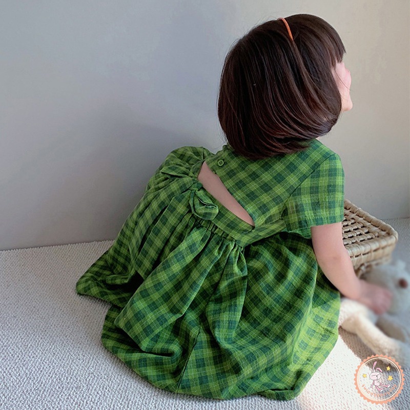 Đầm Công Chúa Mùa Hè Dáng Chữ A Tay Ngắn Họa Tiết Kẻ Sọc Caro Ngọt Ngào Phong Cách Hàn Quốc Cho Bé Gái