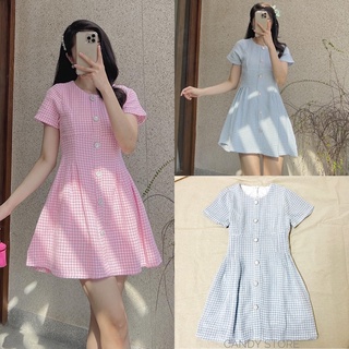 Đầm tweed tay ngắn phối nút