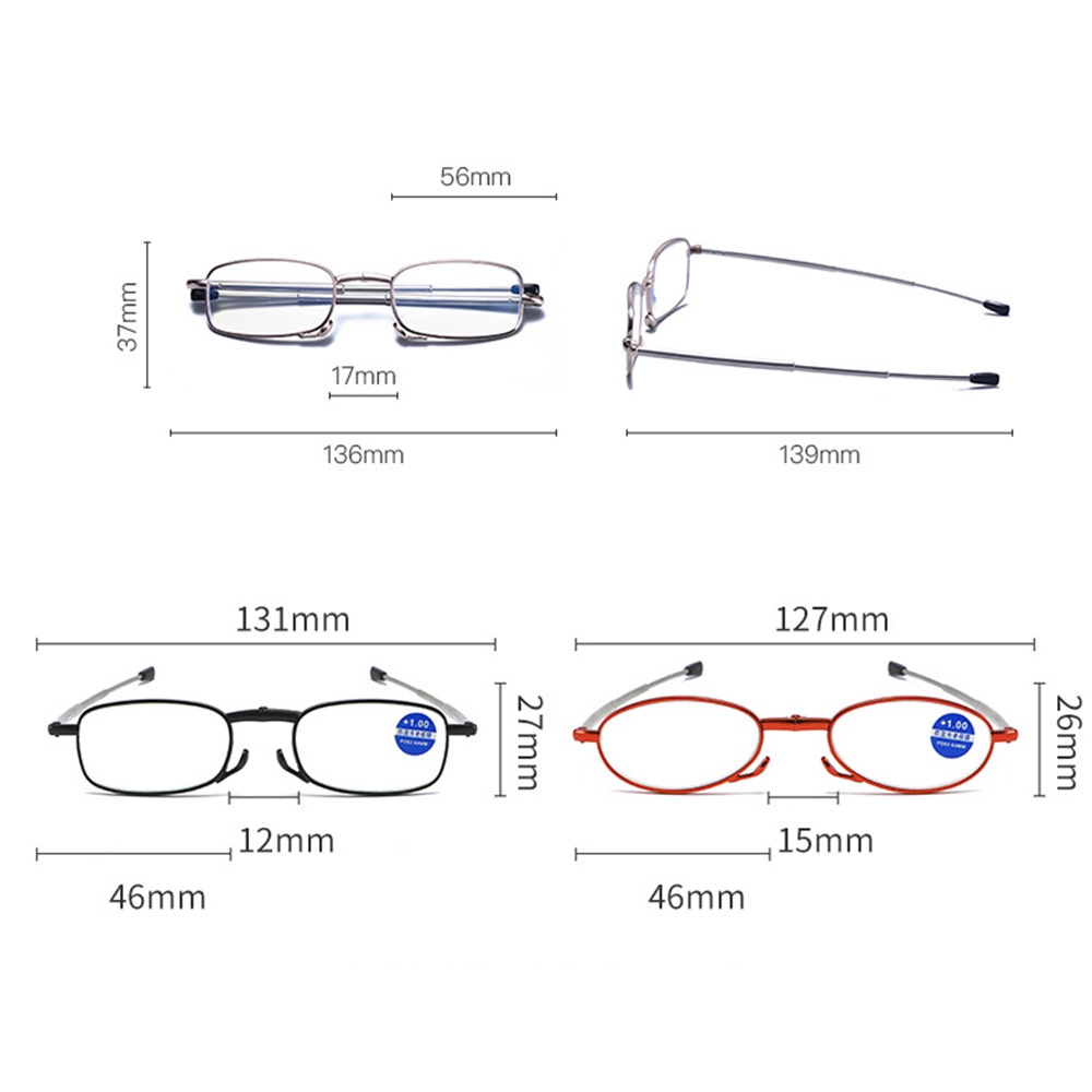 Kính đọc sách gọng kim loại gấp gọn + 1.0 + 1.5 + 2.0 + 2.5 + 3.0 + 3.5 + 4.0 nhiều màu lựa chọn thời trang