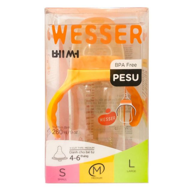 Bình sữa Wesser PESU (cổ rộng) 180ml/260ml - CÓ TAY CẦM