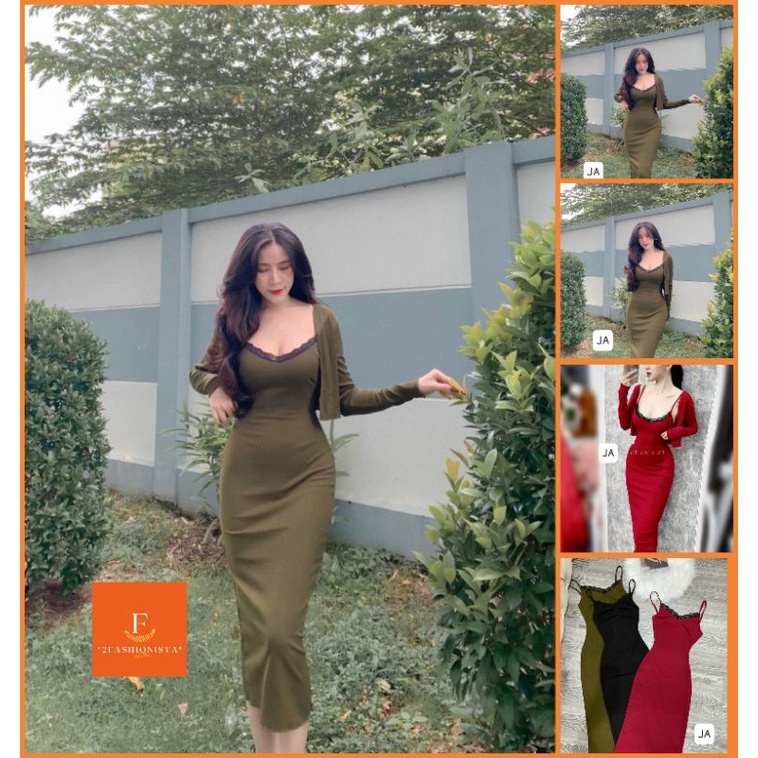 2FASHIONISTA (set) ĐẦM BODY gân ren + áo khoác Đen/xanh/đỏ - Size < 52kg