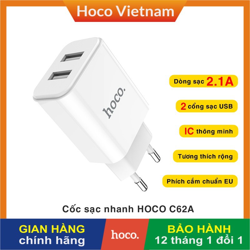 Củ cốc sạc CHÍNH HÃNG HOCO C62A 2.1A 2 cổng USB cho điện thoại iPhone/ Samsung/ Oppo/ Xiaomi/ Huawei/ Vsmart/ Nokia...