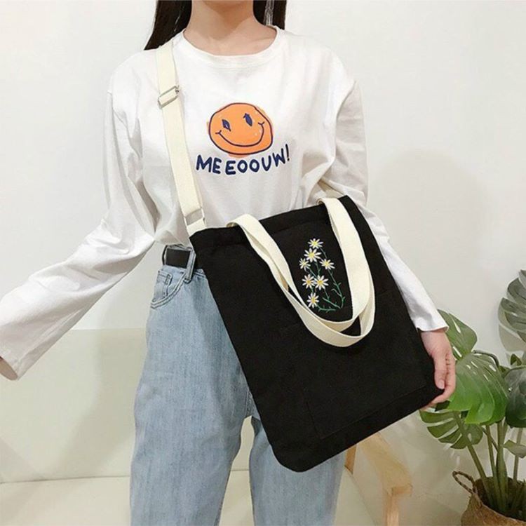 Túi tote vải canvas đựng đồ đi học đi chơi vừa size A4 Hàn Quốc in hinh hoa cúc