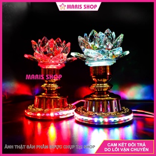 Đèn thờ hoa sen pha lê nguyên khối cao 19cm led đổi màu tự động, đèn bàn thờ phật