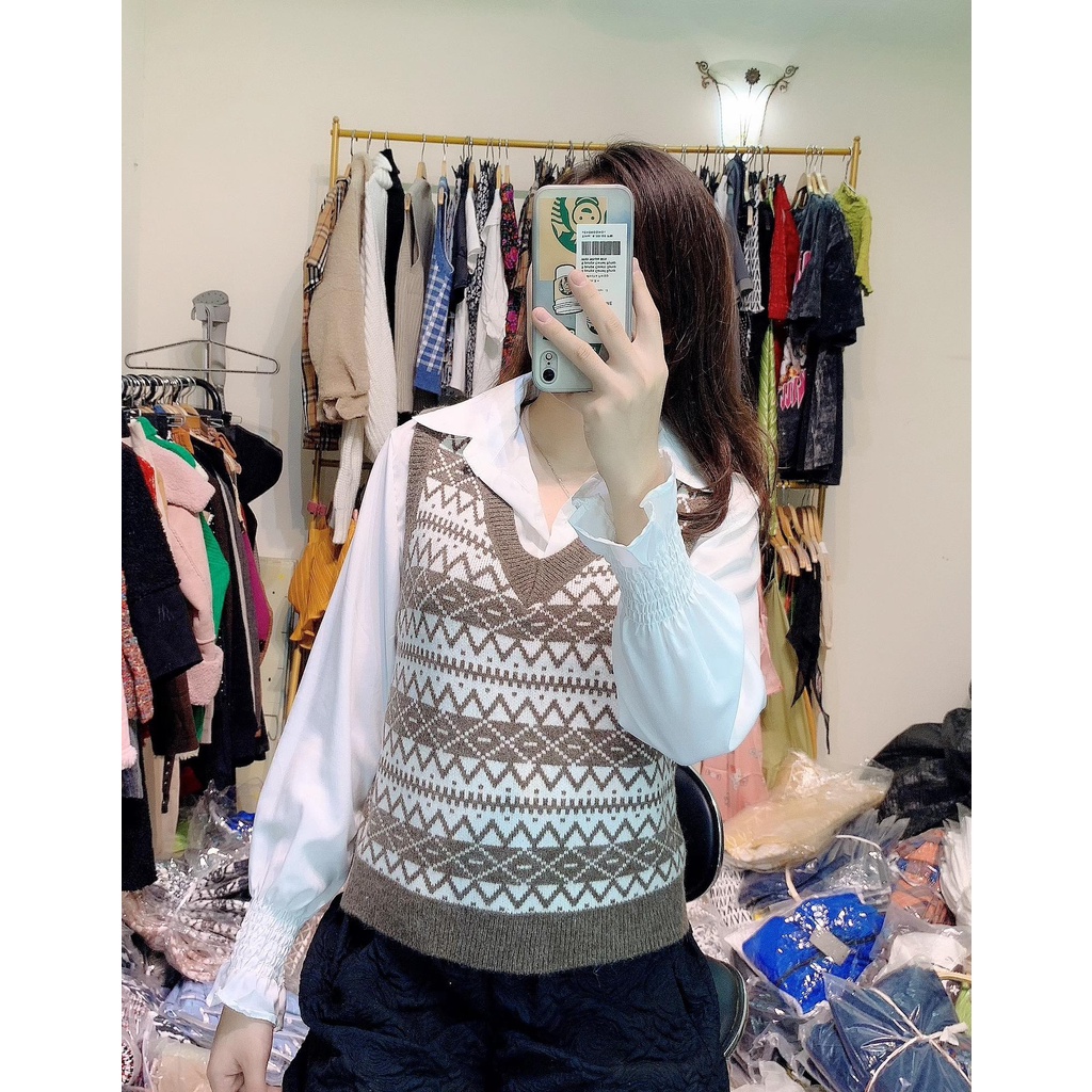 Áo gile nữ hoạ tiết thổ cẩm, Áo gile len ulzzang nữ dáng Hàn Quốc Hanva | BigBuy360 - bigbuy360.vn