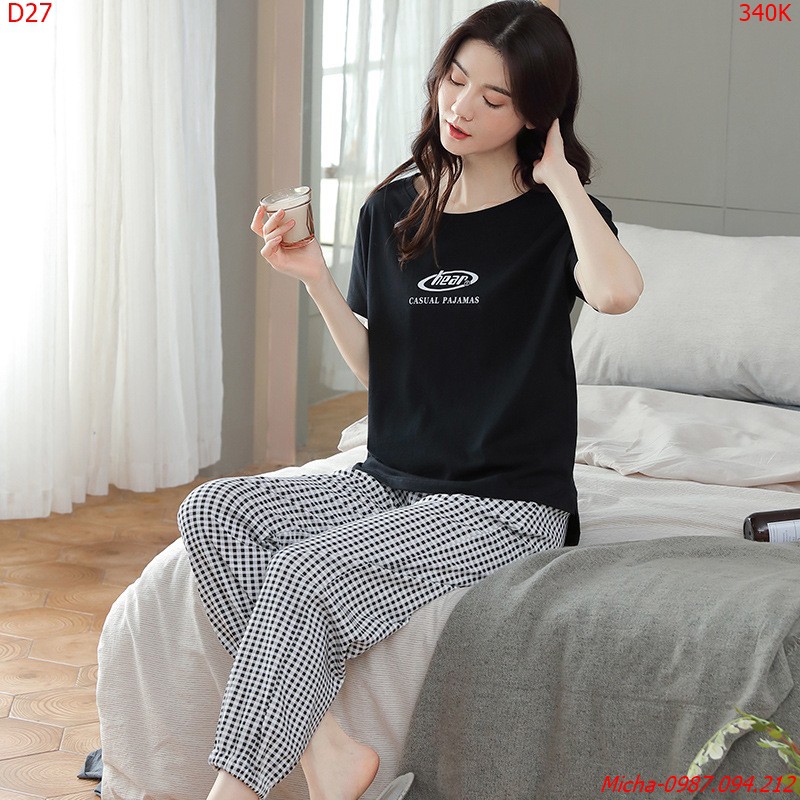 Bộ đồ nữ cotton áo đen Hear quần kẻ caro chun gấu - Micha D27