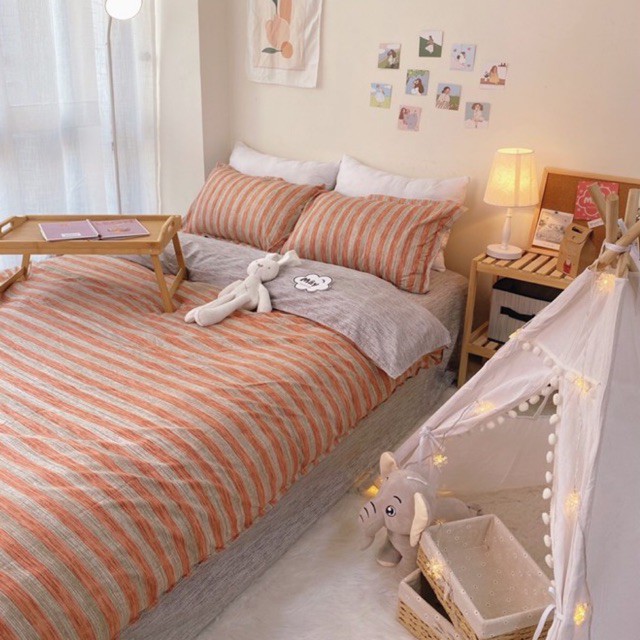 Bộ chăn ga gối Cotton Poly hoạ tiết kẻ 4 màu cam xanh lá xanh dương nâu MÂY BEDDING đủ kích thước nệm