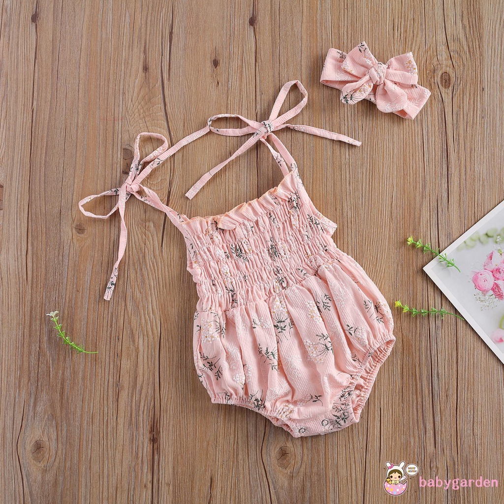 Áo liền quần in hoa + băng đô nơ cho bé gái