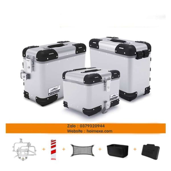Bộ full 3 thùng nhôm Loboo màu bạc và giá đỡ thùng baga cao cấp