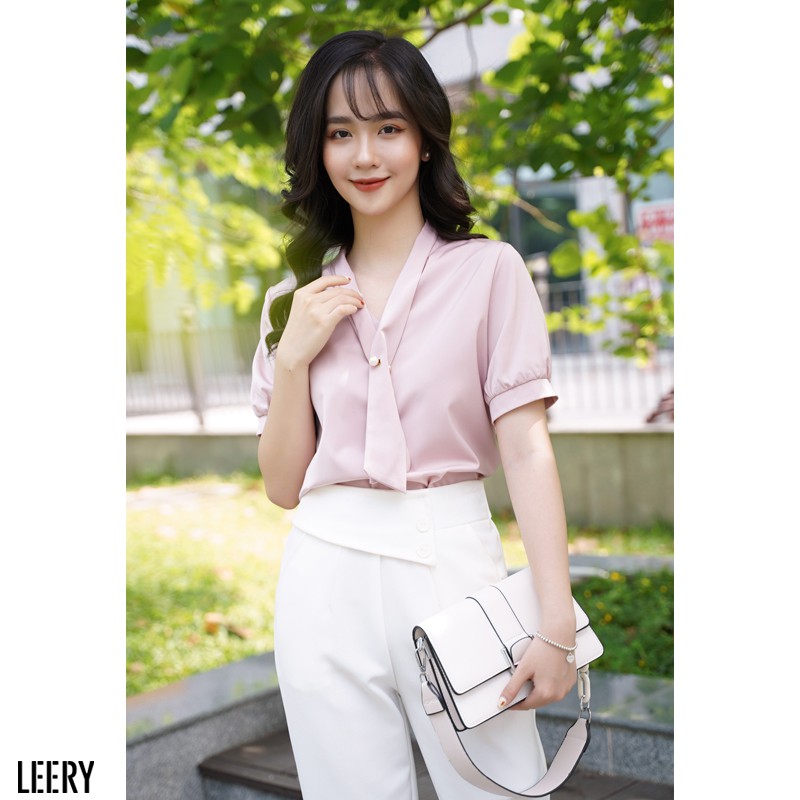 Áo sơ mi nữ tay phồng kiểu công sở Hàn Quốc form rộng vải lụa Ý cao cấp ngắn tay màu Trắng Đen Hồng LEERY SM-07