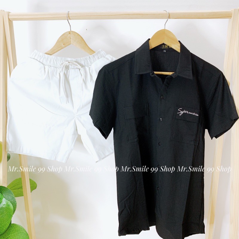SƠ MI BASIC ĐŨI TRẮNG ĐEN TAY NGẮN THÊU CHỮ MR SMILE 99 SHOP | BigBuy360 - bigbuy360.vn