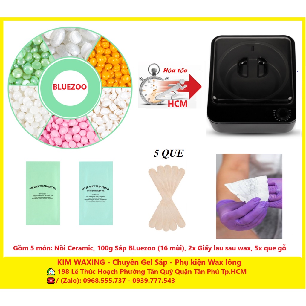 Set Nồi nấu sáp wax lông Ceramic Silicon Chống dính kèm 100g Sáp Bluezoo Da nhạy cảm Bikini